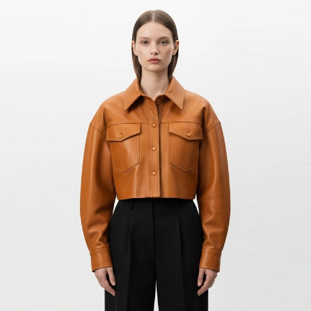 cropped amber leather shirt amber pop front view