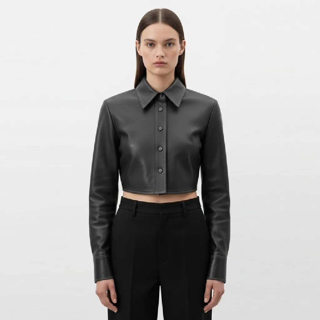 cropped charcoal faux leather shirt charcoal trim front view