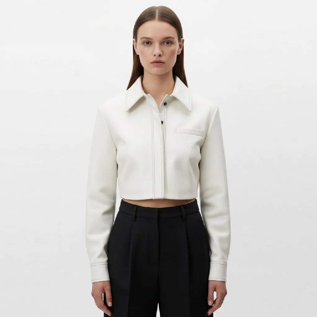 ivory cropped faux leather shirt ivory crop front view
