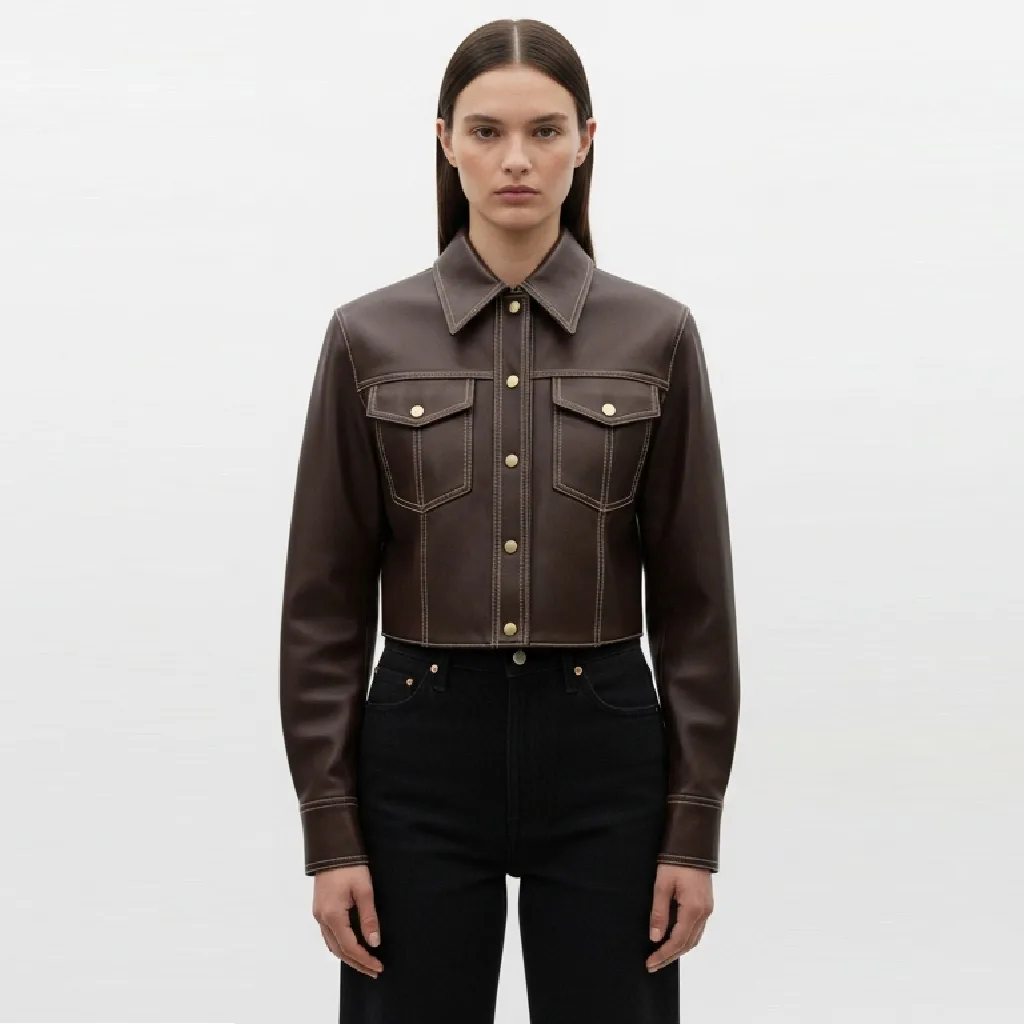 brown cropped faux leather shirt sable snap front view