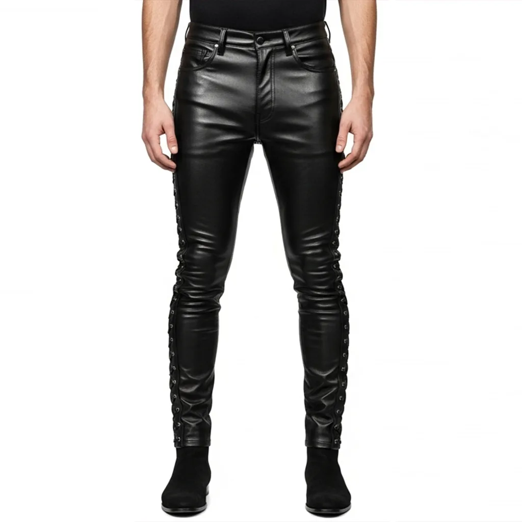 black lace-up leather pants nightlace front view