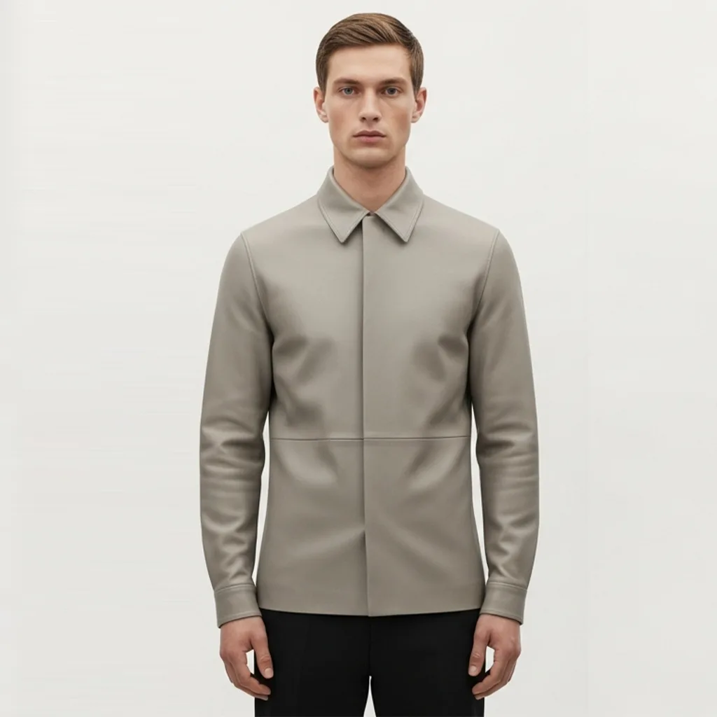Man stylishly wearing a light ash grey vegan leather overshirt or shacket from StyleZea.