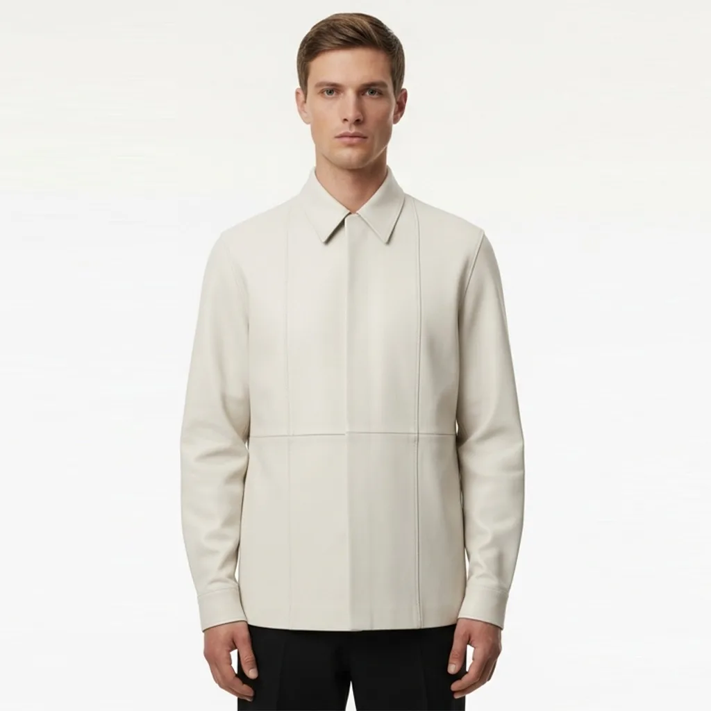 ivory vegan leather overshirt ivory panel front view