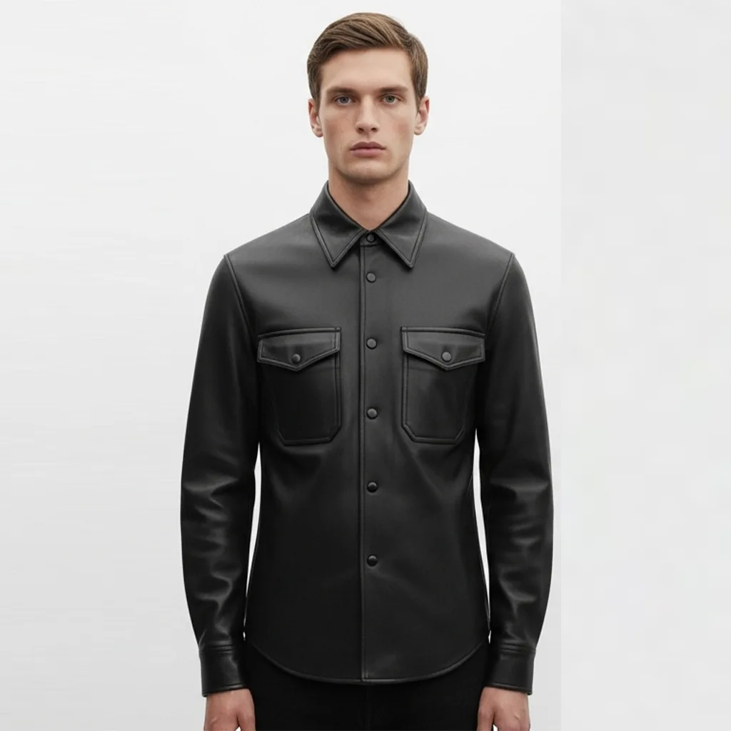 black vegan leather utility shirt jet archive front view