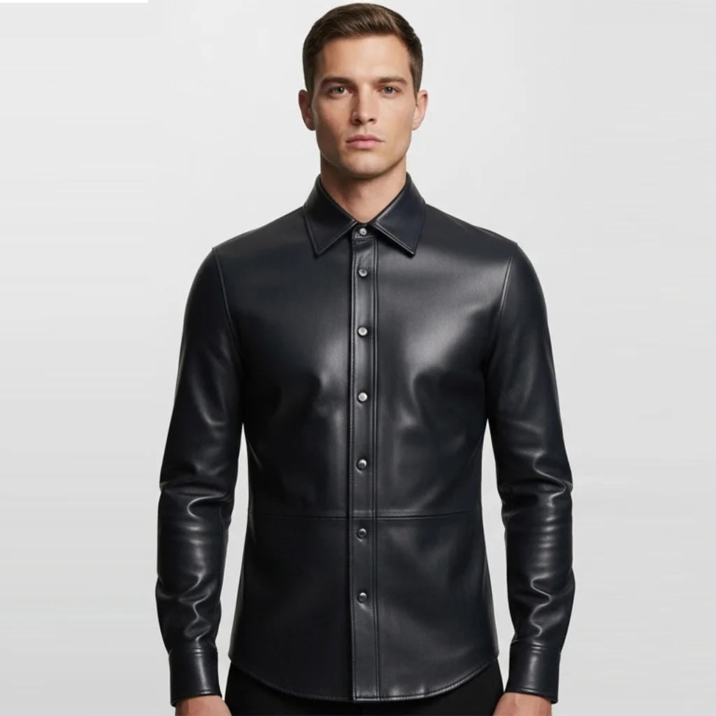 navy vegan leather shirt midnight vault front view