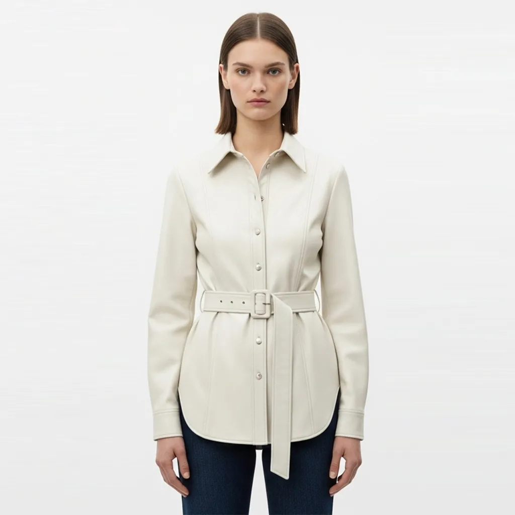pearl white belted leather shirt pearl sway front view