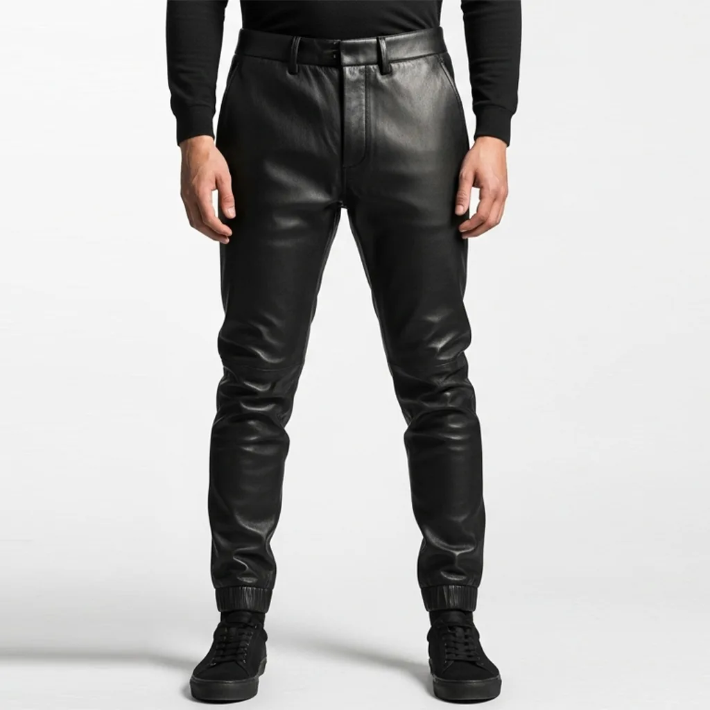 Custom Leather Jogger Pants with Zipper Pockets for Men