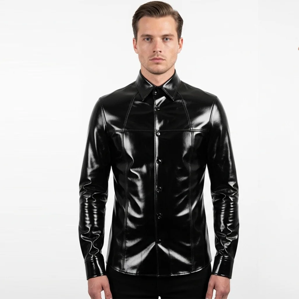 glossy blue leather shirt midnight glare front view