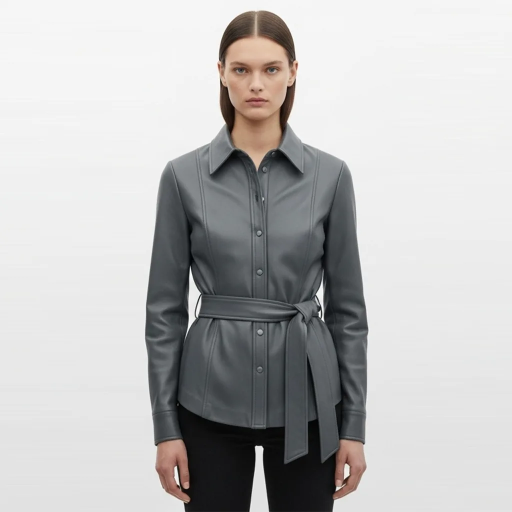 slate grey belted leather shirt slate wrap front view