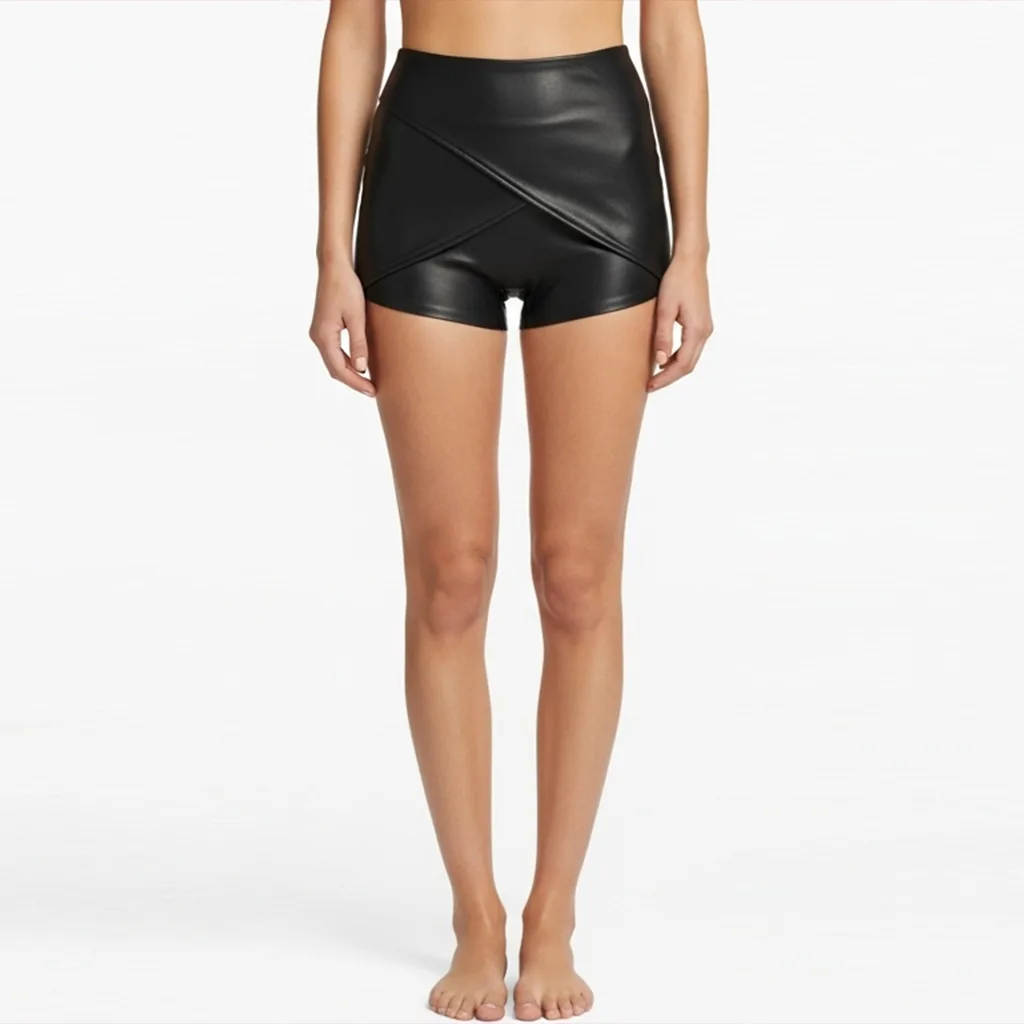 black faux leather wrap shorts obsidian wrap front view