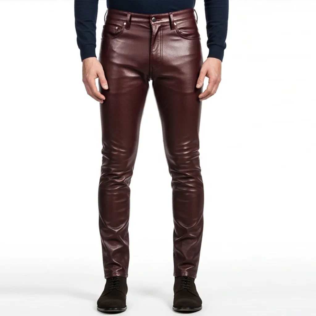 burgundy slim leather pants vex front view