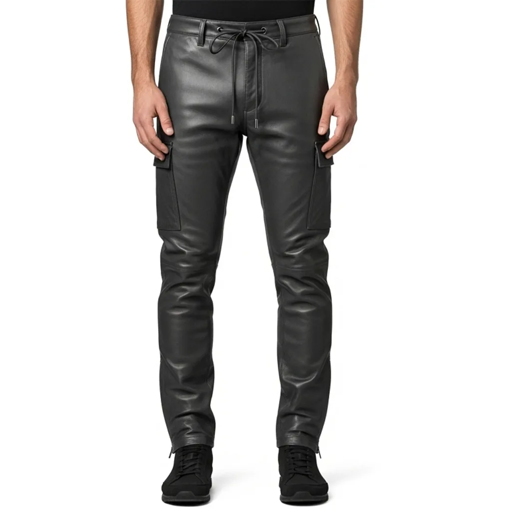 charcoal grey leather cargo pants cinder flex front view