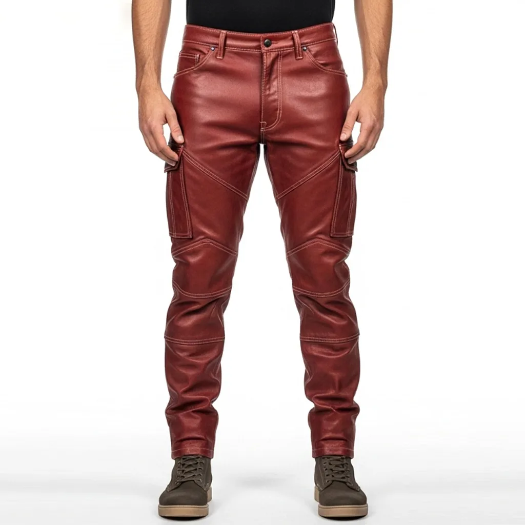 red leather cargo pants ember trace men’s front view