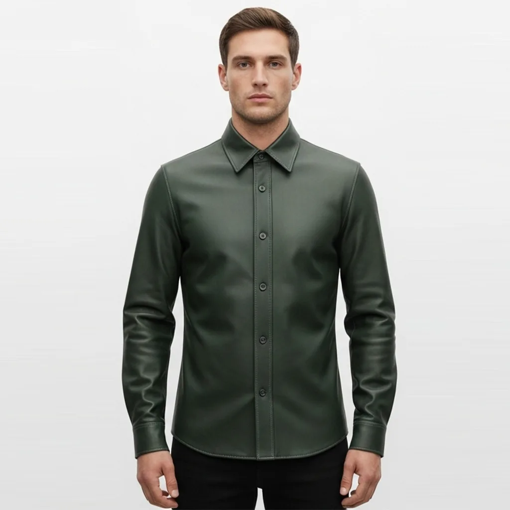 green vegan leather shirt moss trim front view