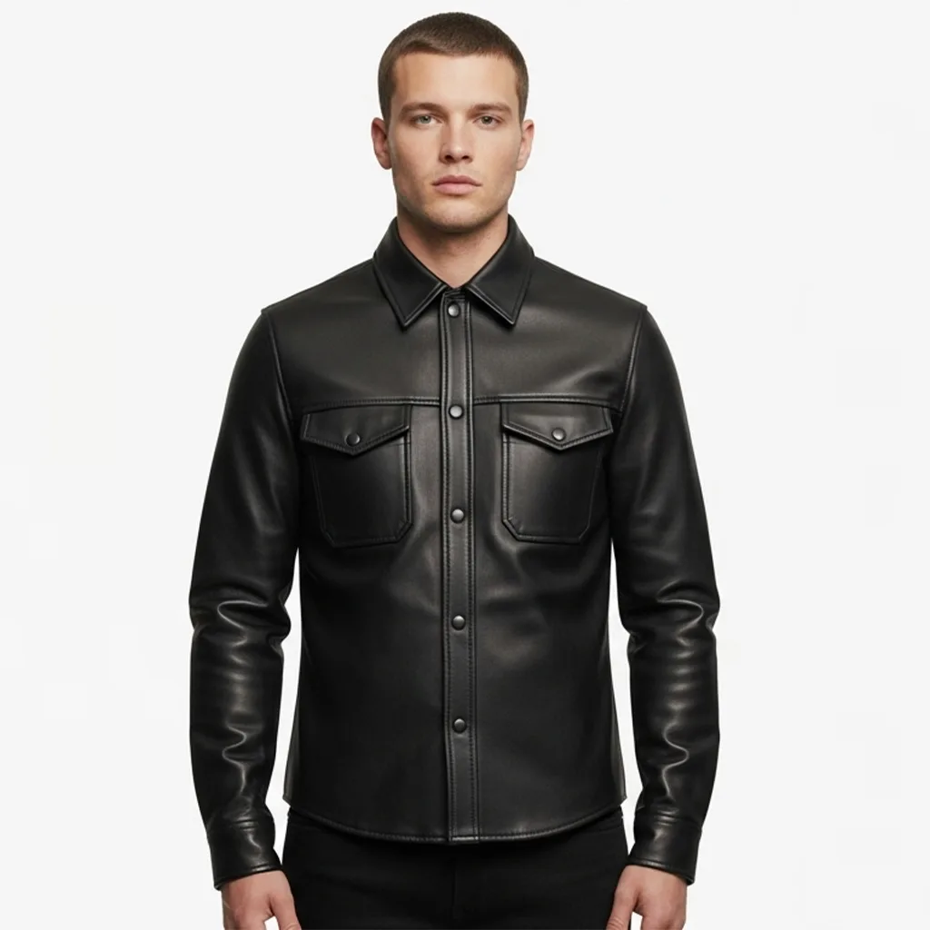 black vegan leather utility shirt noir crest front view
