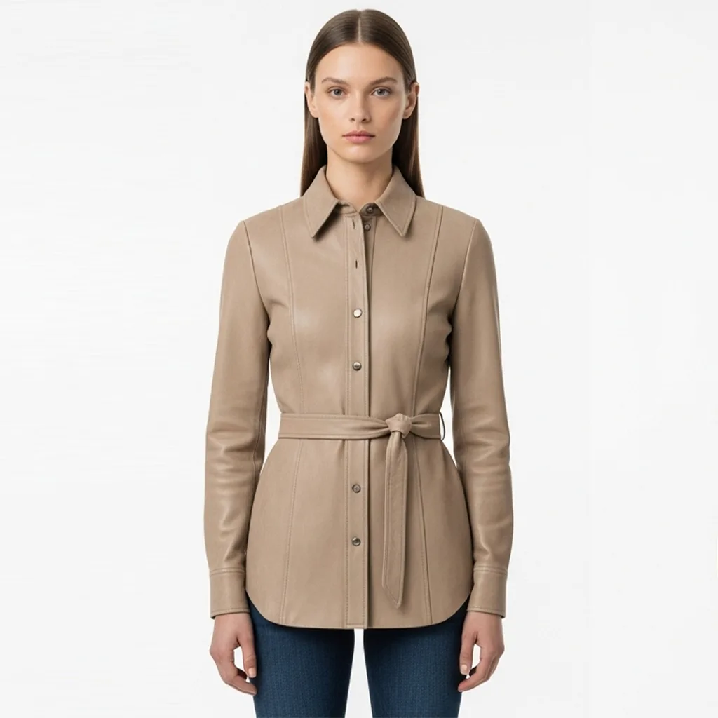 taupe belted leather shirt tundra wrap front view