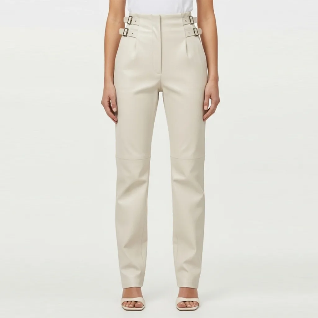 ivory buckle leather trousers ivory cinch front view
