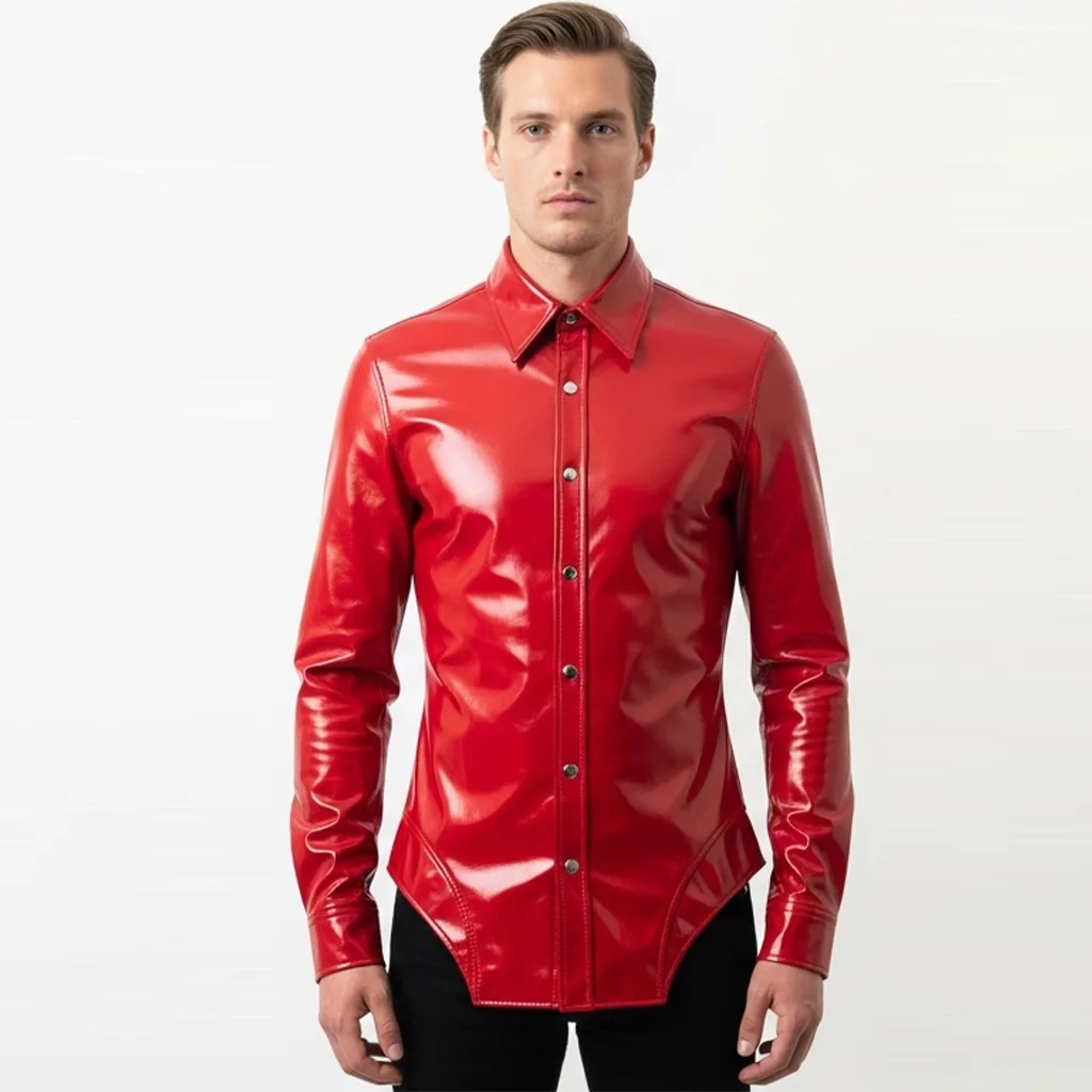 glossy scarlet leather shirt scarlet beam front view