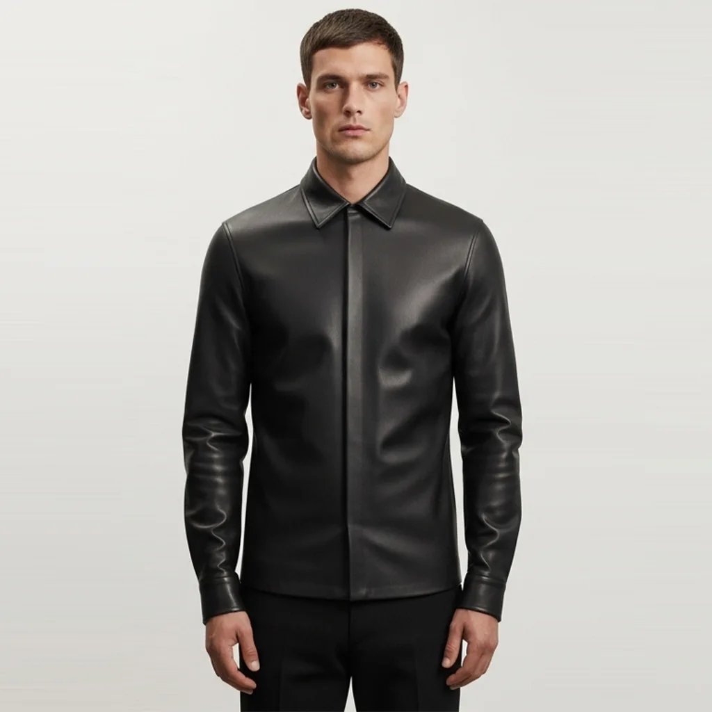 black vegan leather shirt obsidian thread front view