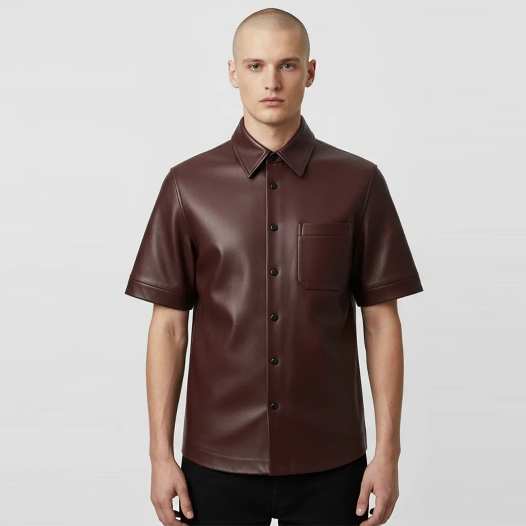 Custom Short Sleeve Leather Shirt with Chest Pocket
