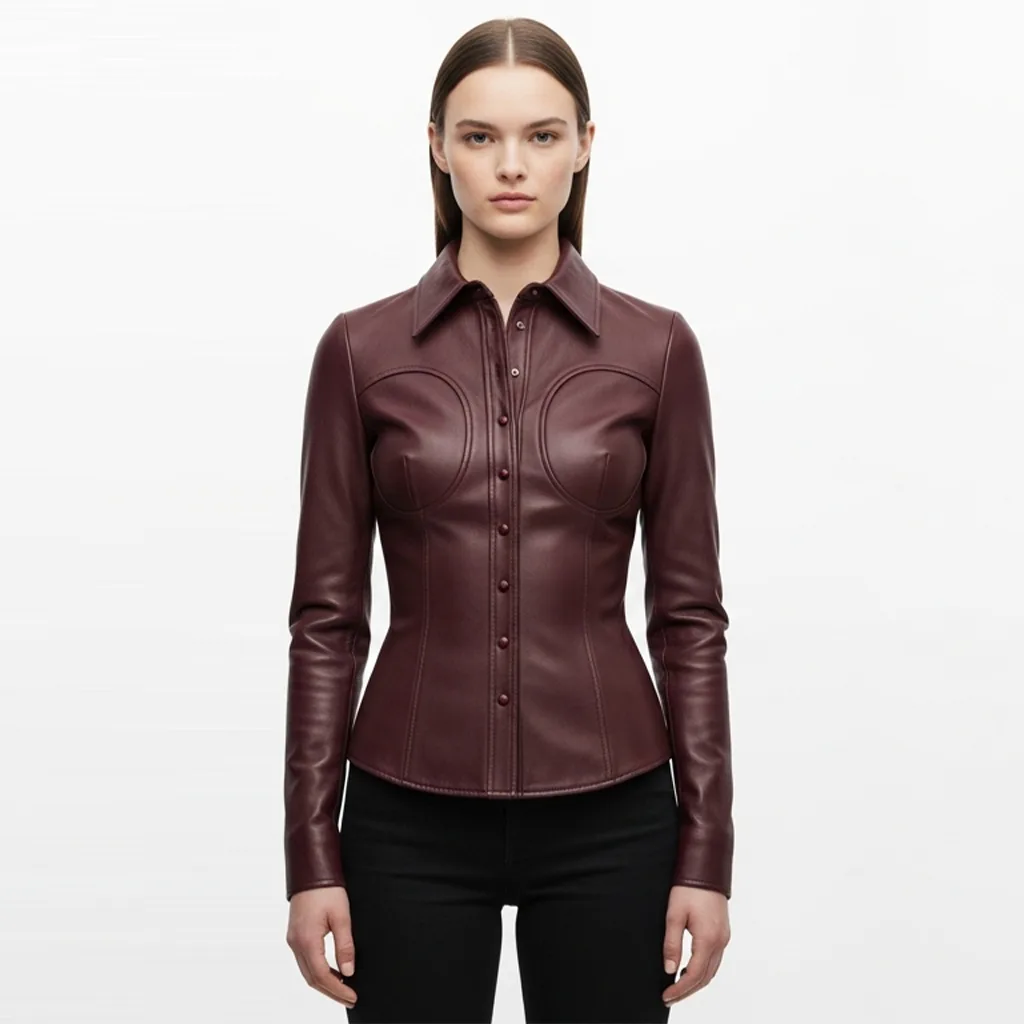 berry fitted leather shirt berry edge front view
