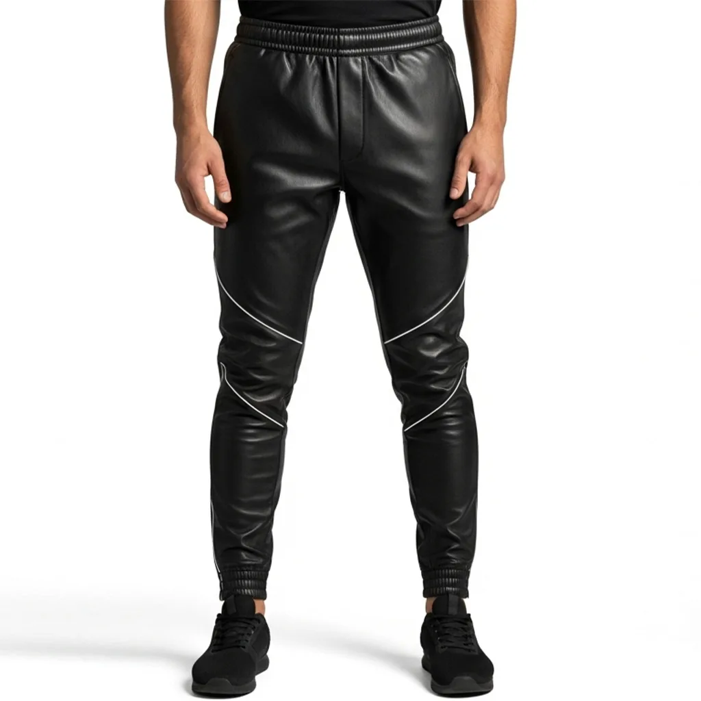 Custom Contrast-Stitch Leather Jogger Pants