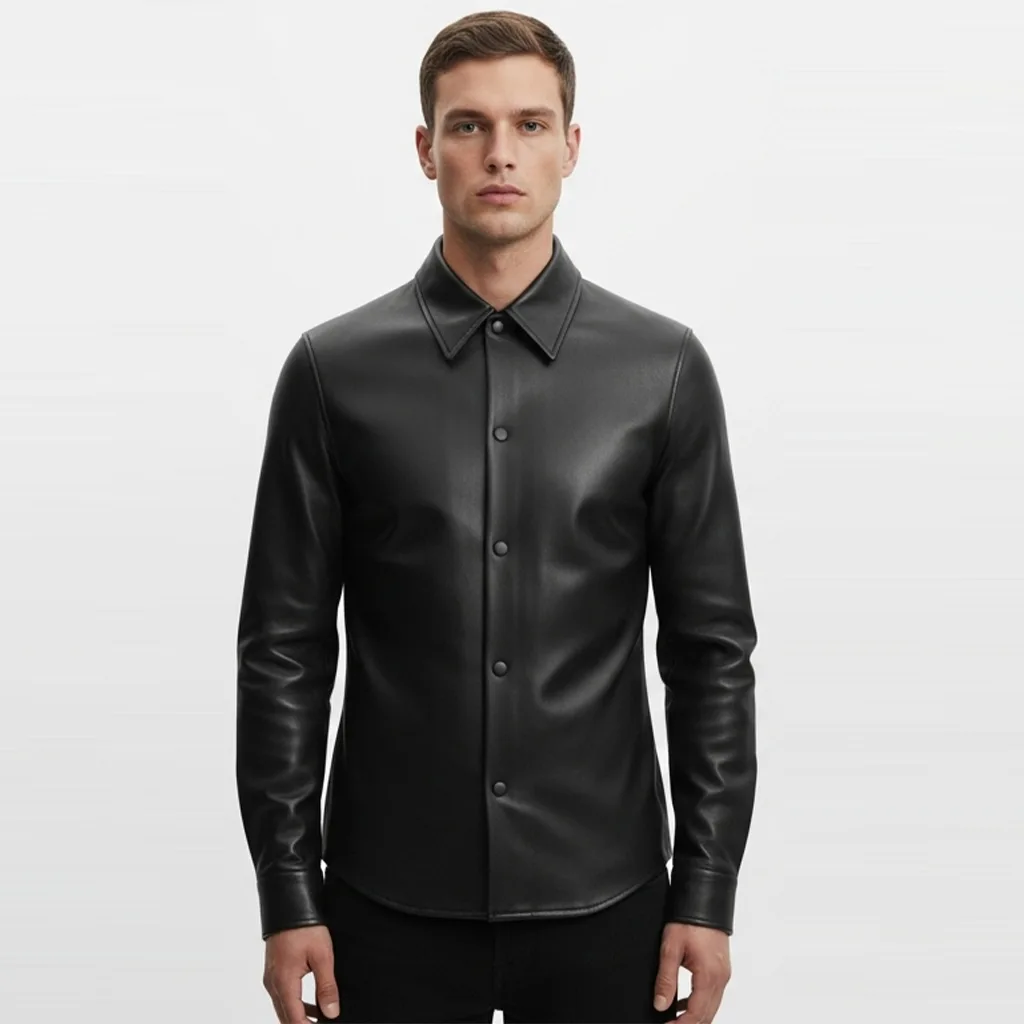 black vegan leather shirt raven snap front view