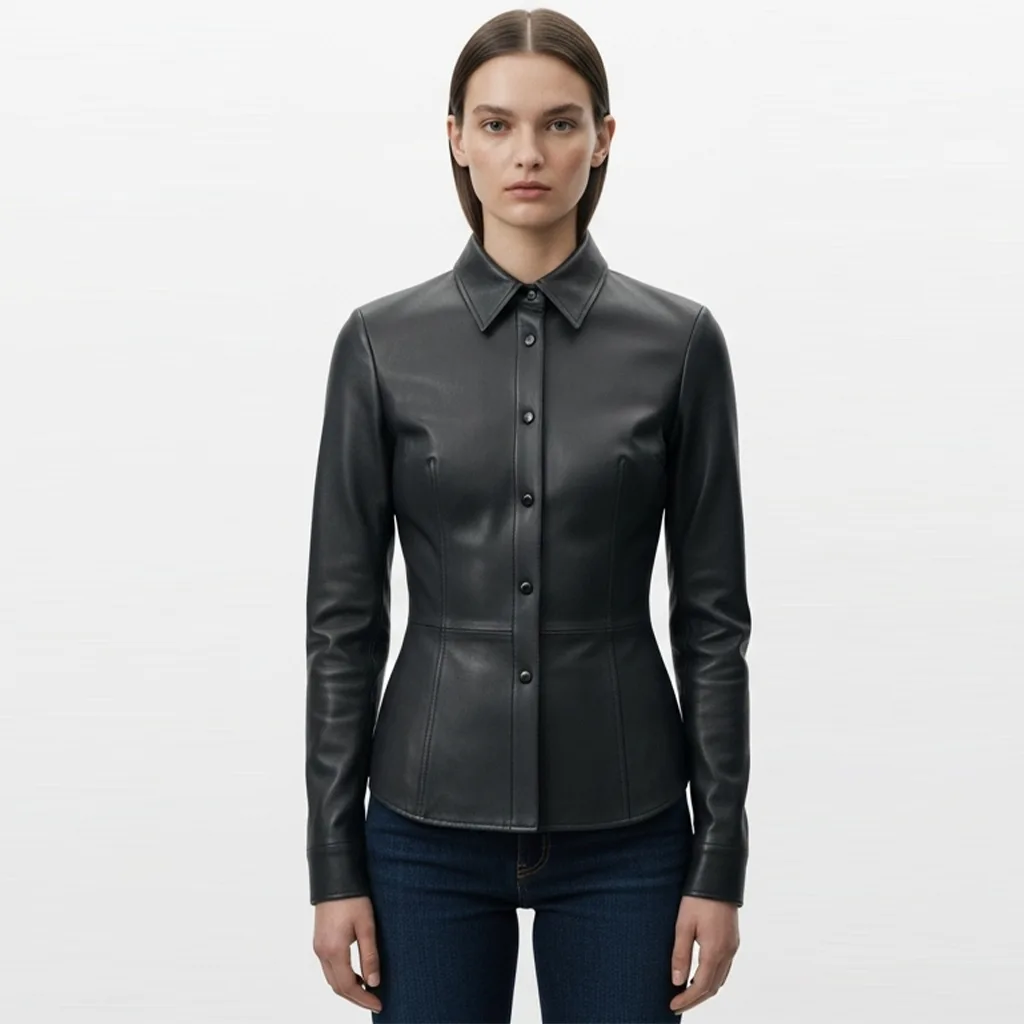 charcoal grey fitted leather shirt charcoal dart front view