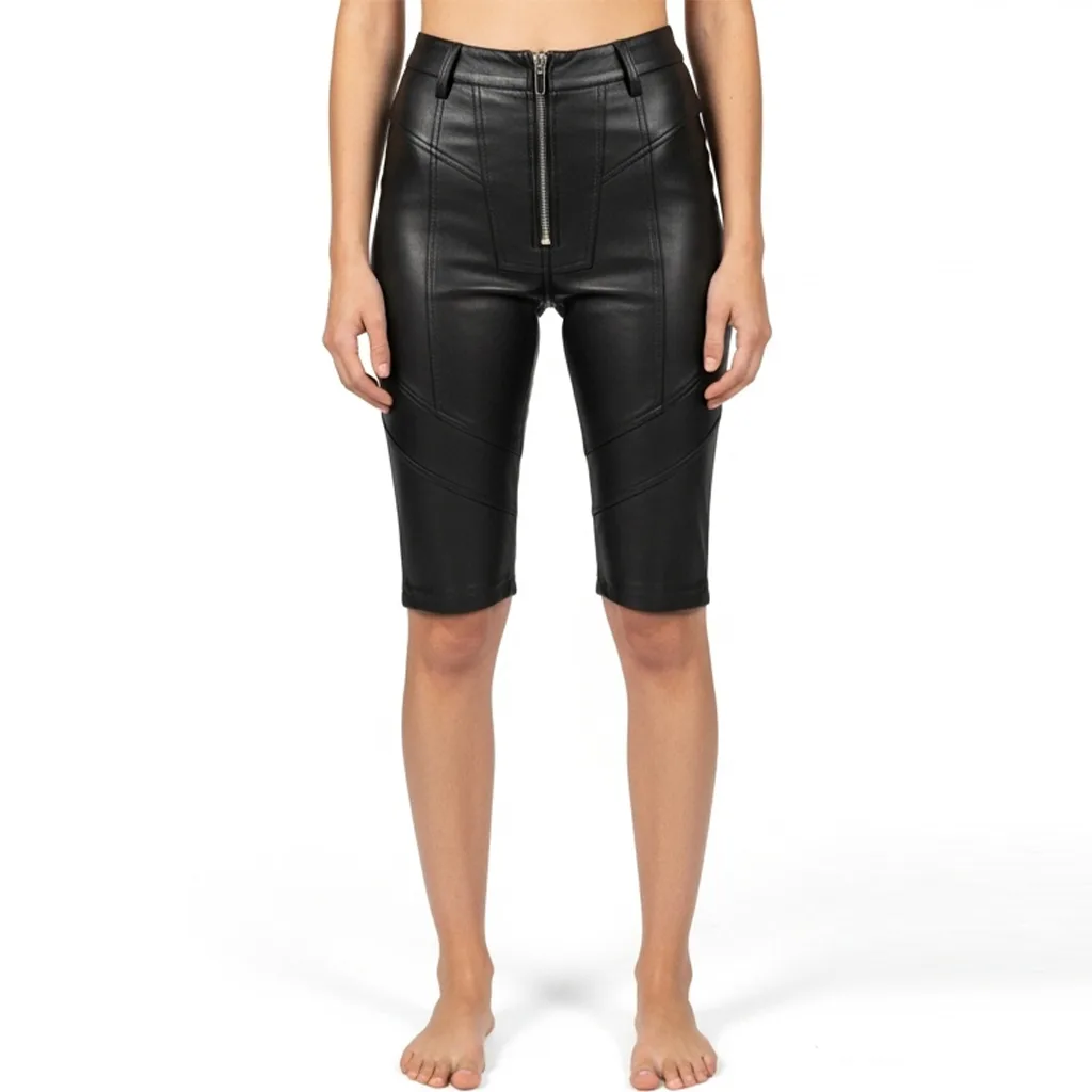 Custom Panelled Leather Biker Bermuda Shorts for Women