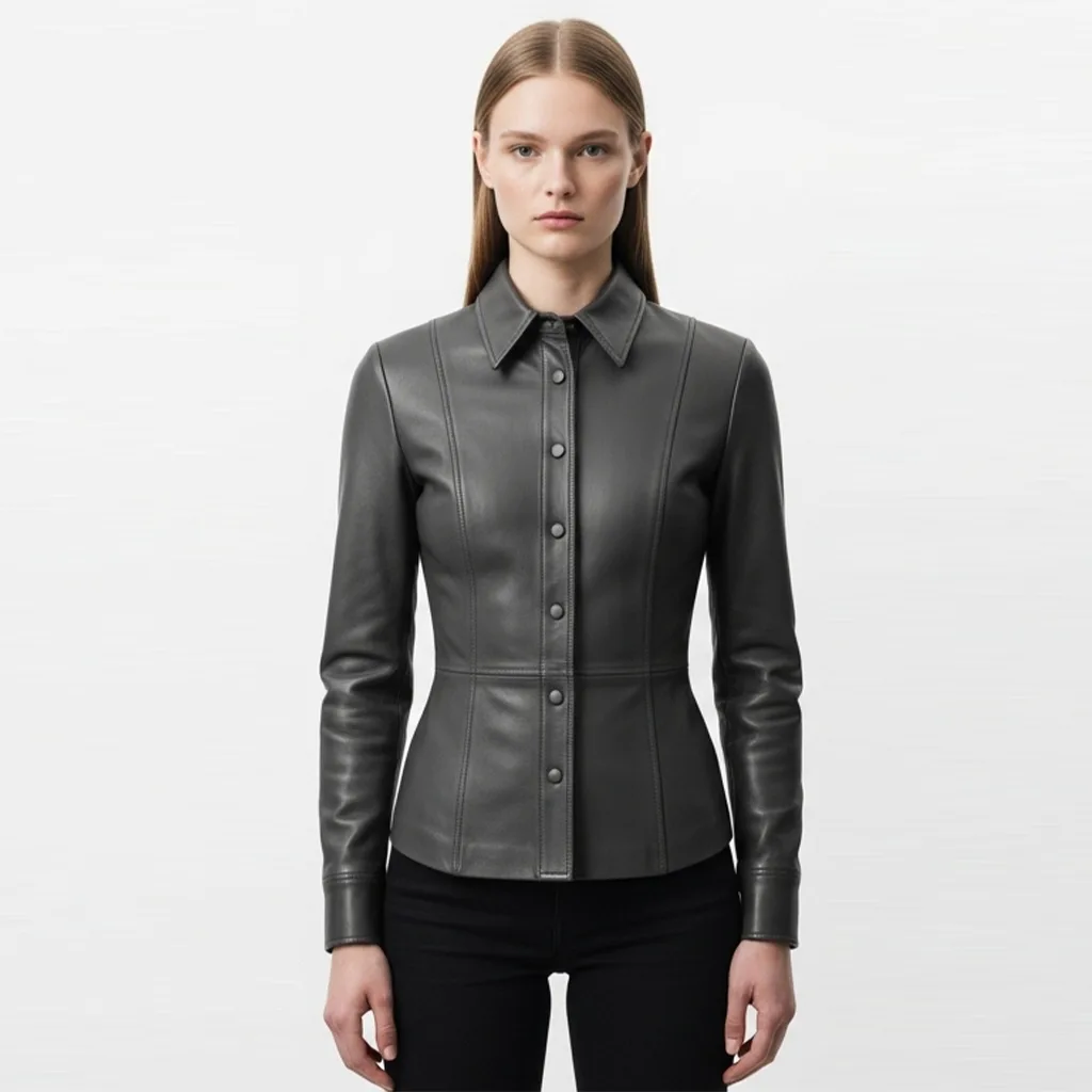 cinder grey fitted leather shirt cinder lock front view