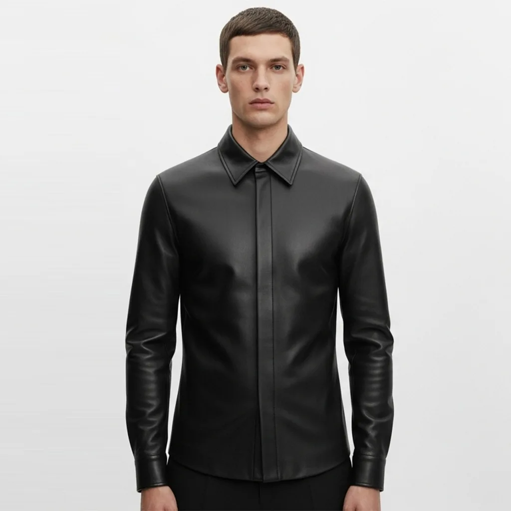 black vegan leather shirt sable fix front view