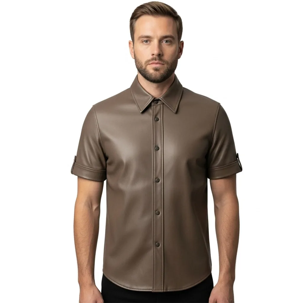 Custom Short Sleeve Leather Shirt with Cuffed Sleeves