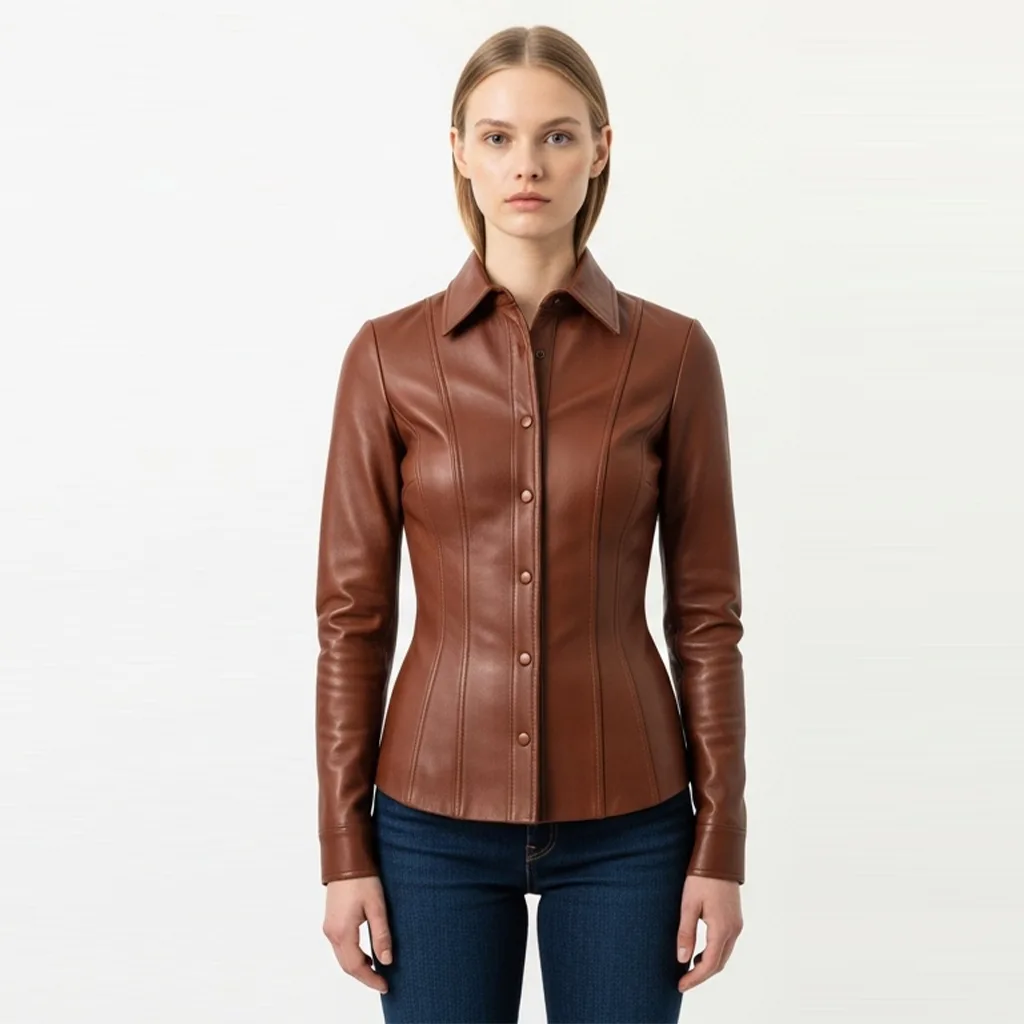 copper brown fitted leather shirt copper seam front view