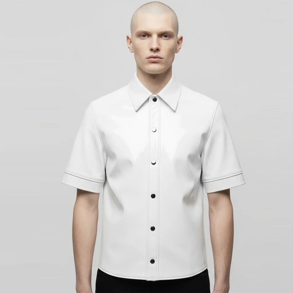 Custom Short Sleeve Leather Shirt with Clean Button Front