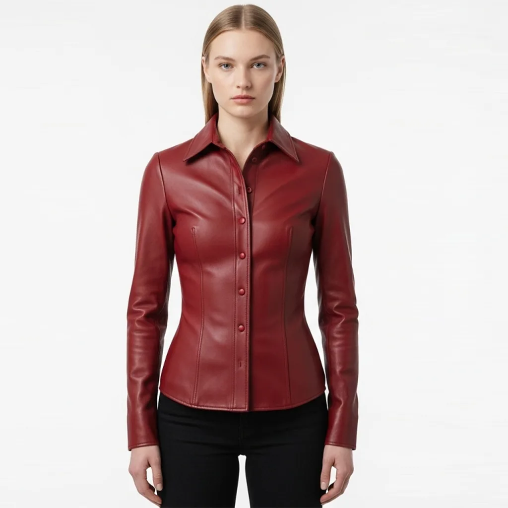 fitted crimson leather shirt crimson curve front view