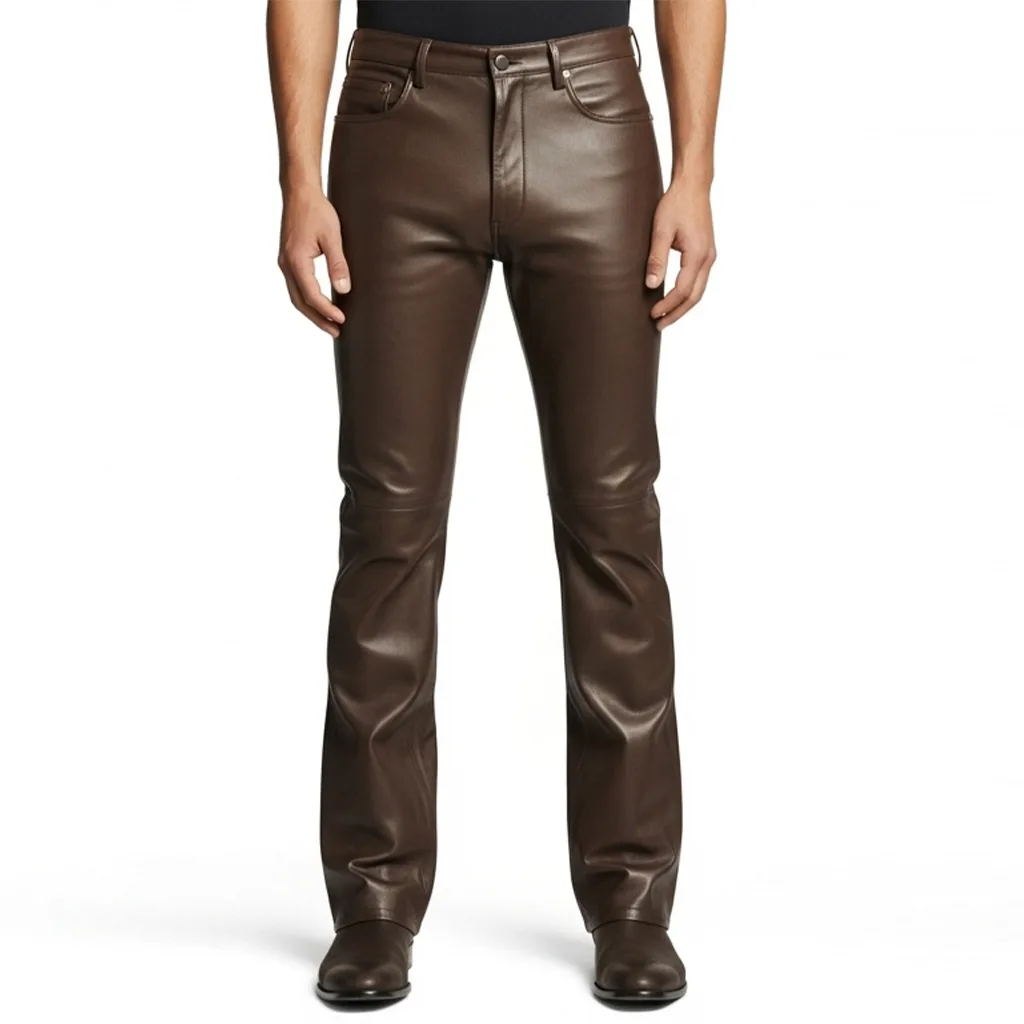 brown leather flared pants mocha drift front view