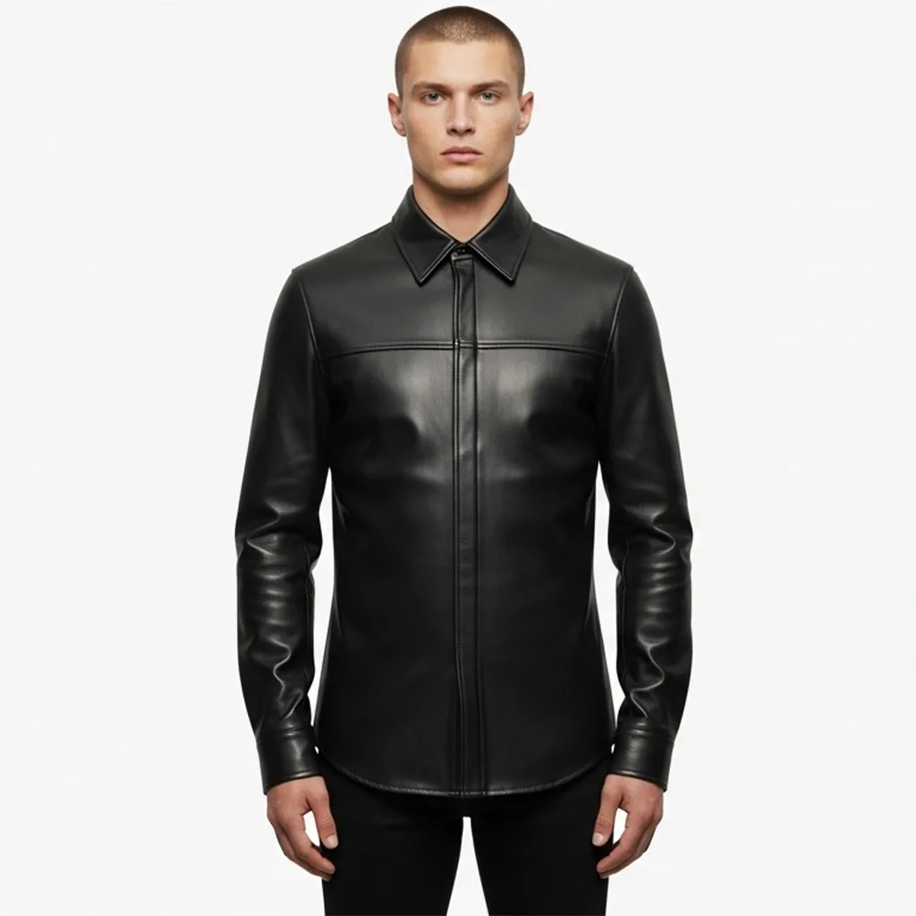 black vegan leather overshirt black citadel front view