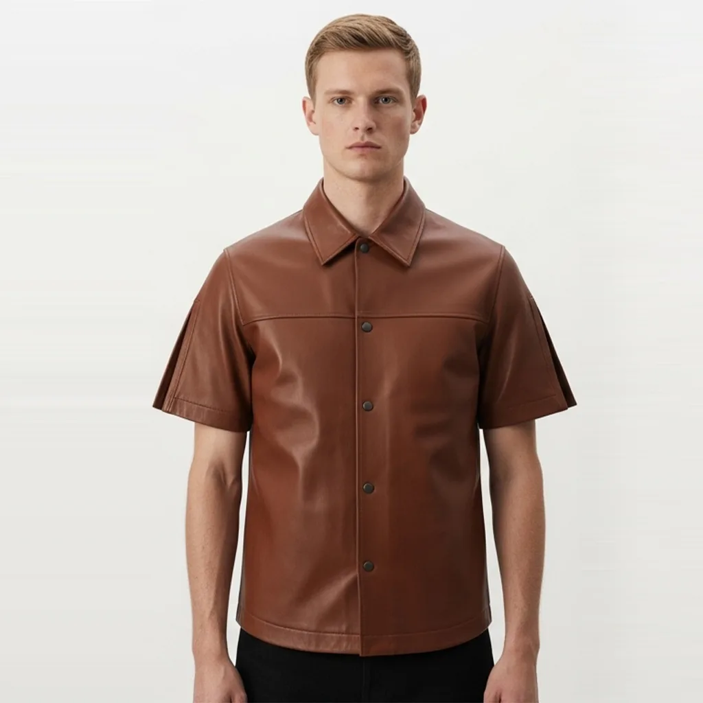 Custom Structured leather short sleeve shirt for men