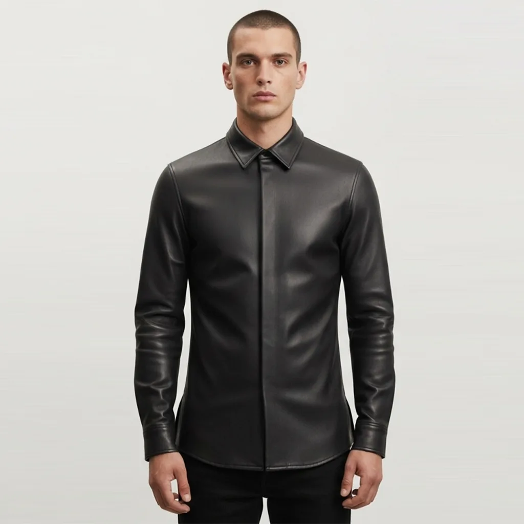 black vegan leather tailored shirt shadow tuck front view