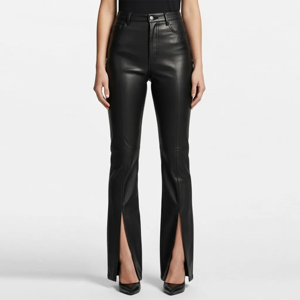 black split front flare leather pants raven front view