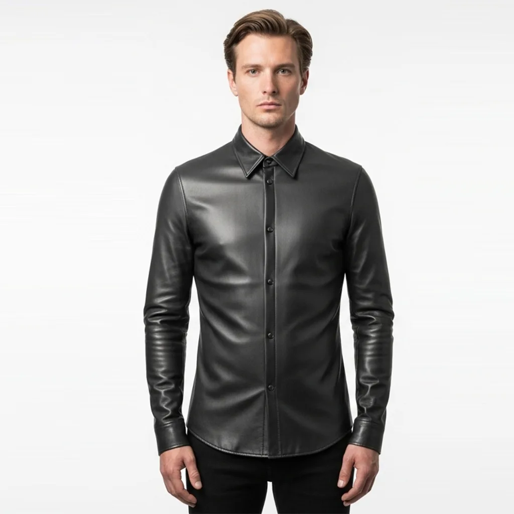 Custom Clean Line Leather Shirt for Men