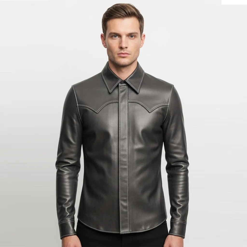 storm grey vegan leather western shirt storm collar front view