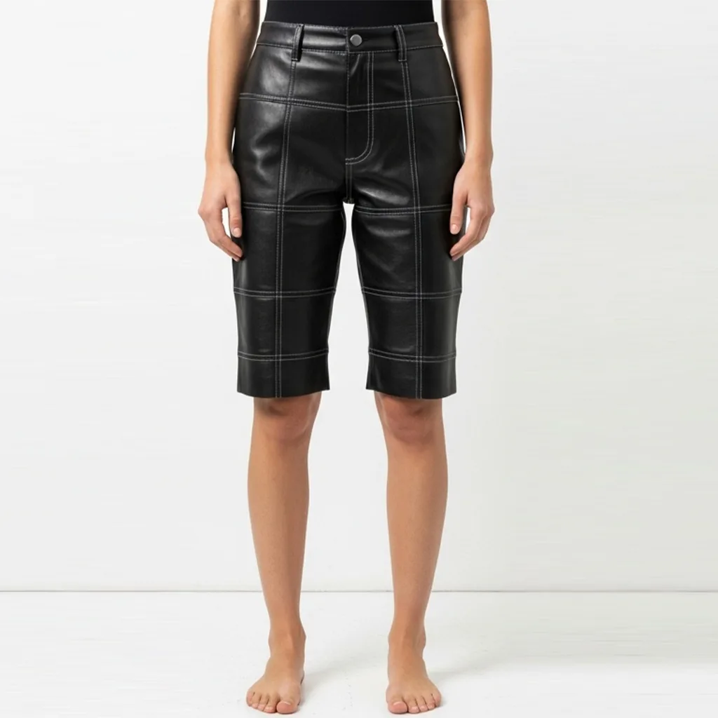 Custom Panelled Leather Bermuda Shorts for Women
