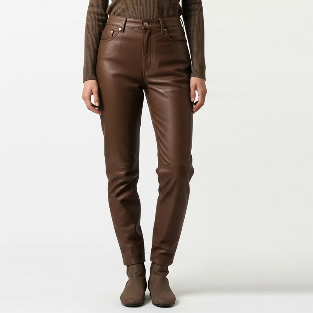 brown slim leather trousers sable drift front view
