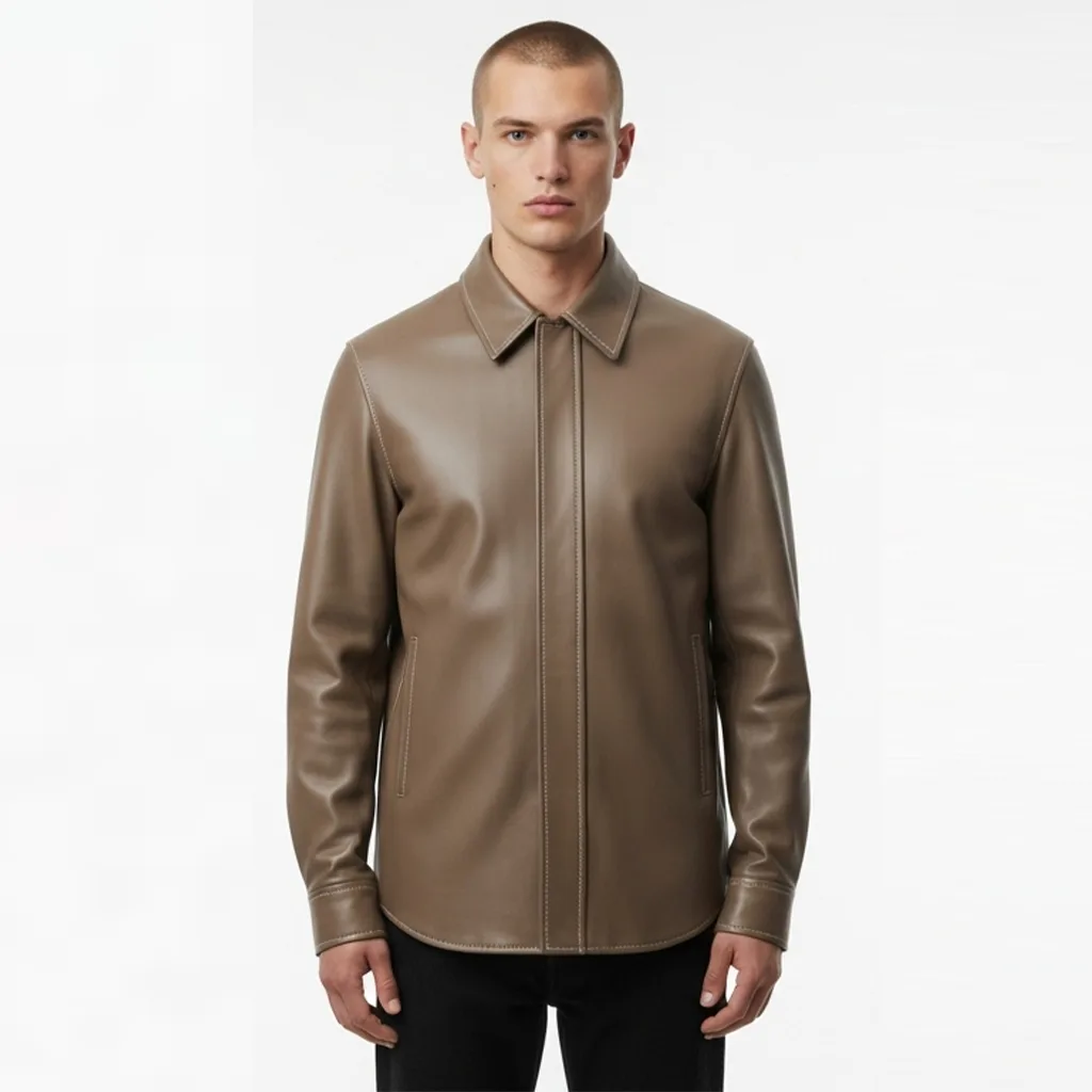 taupe vegan leather shirt taupe threadline front view