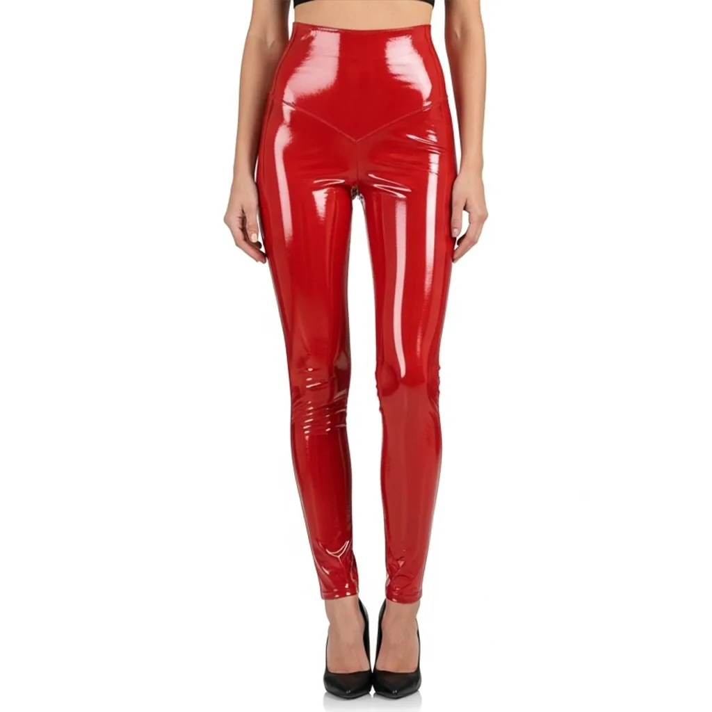 high shine red leather leggings scarlet grip front view
