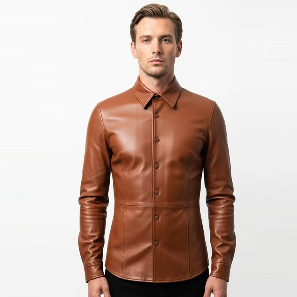 Custom Framed Structure Leather Shirt for Men