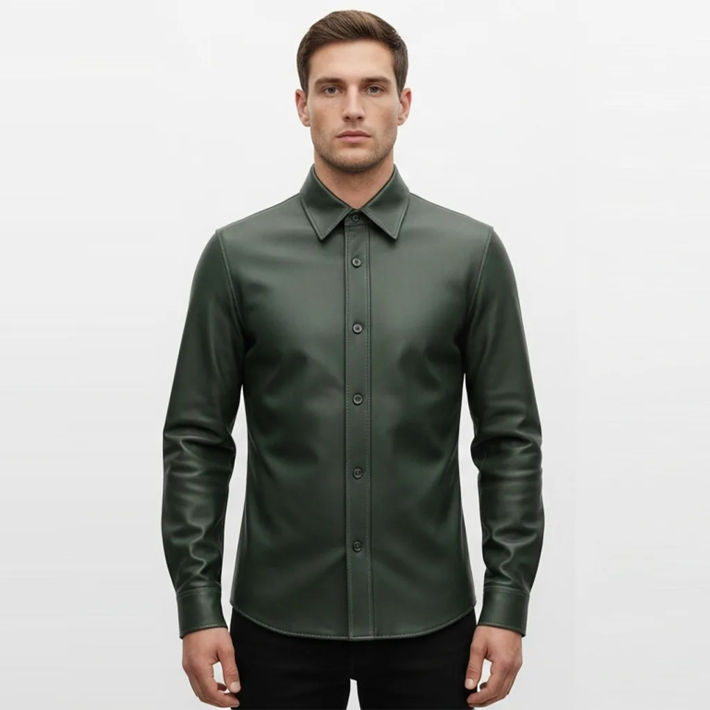 vegan leather green shirt whisk front view