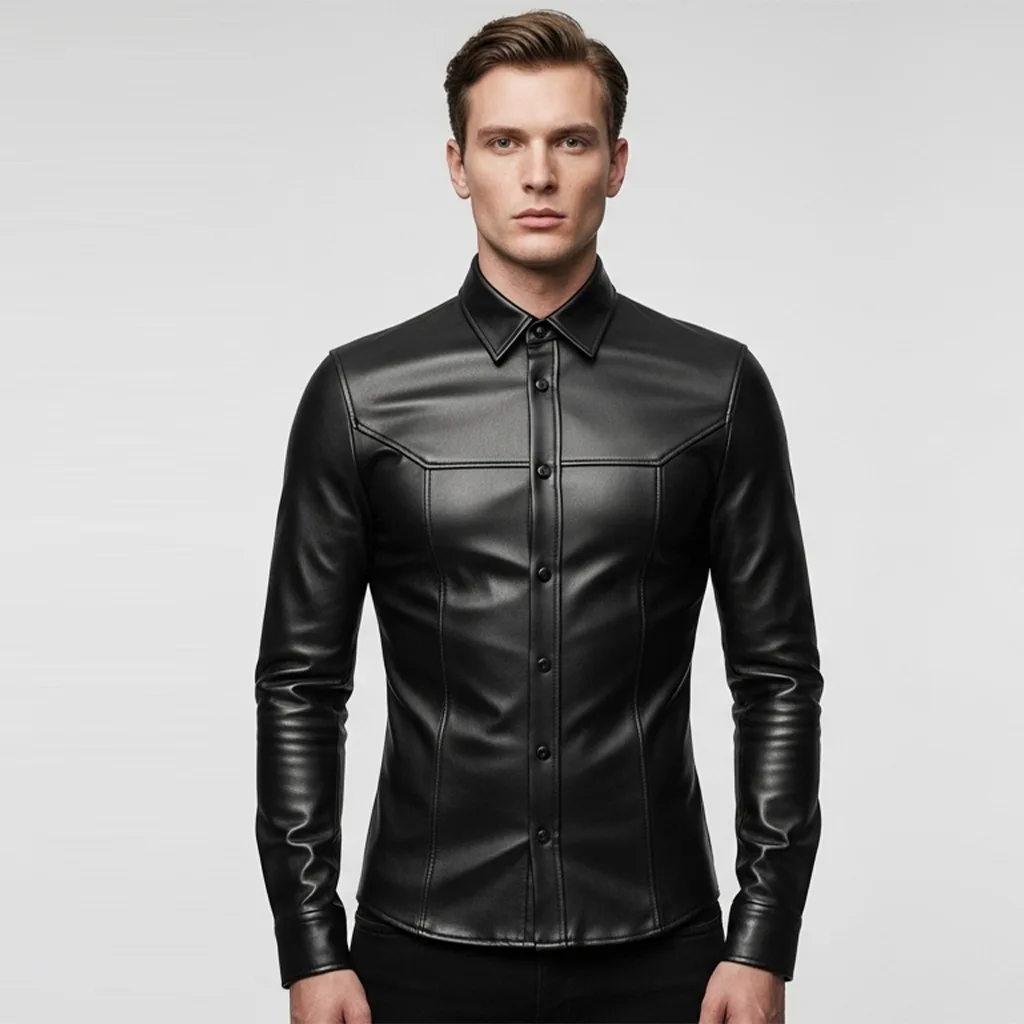 Custom Panelled Leather Shirt for Men