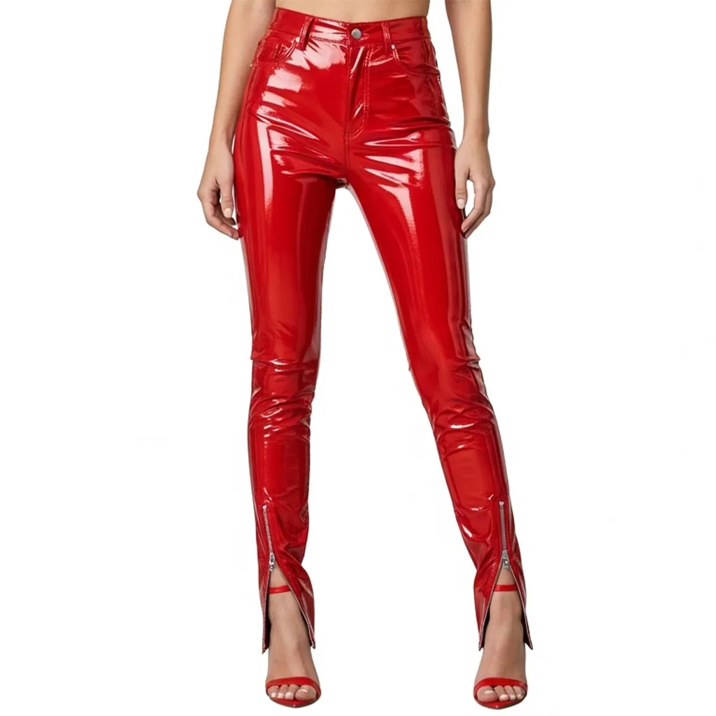 red patent zip leggings scarlet flash front view